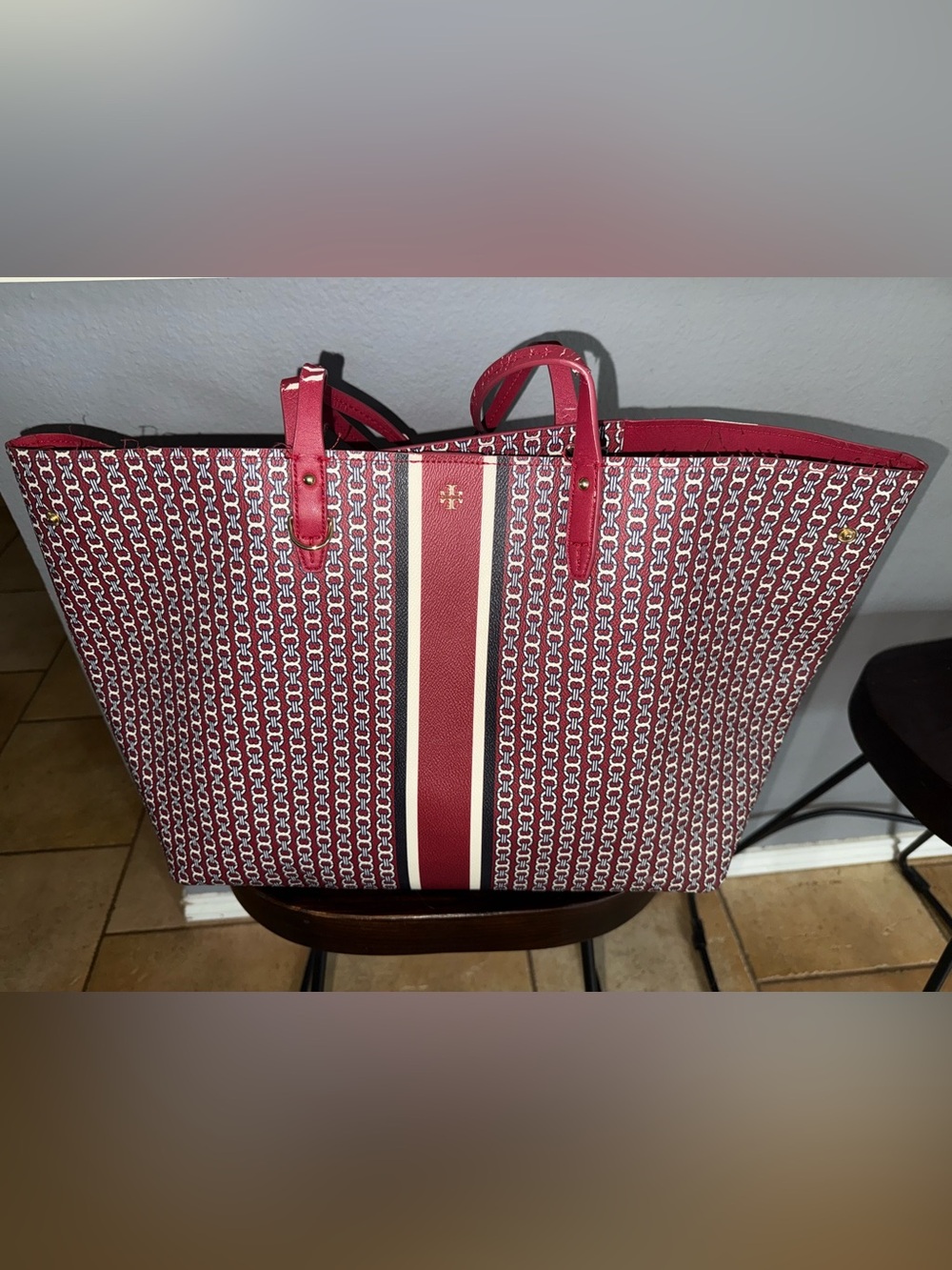 Tory Burch Red Patterned Stripe Tote with Cream & Black Accents